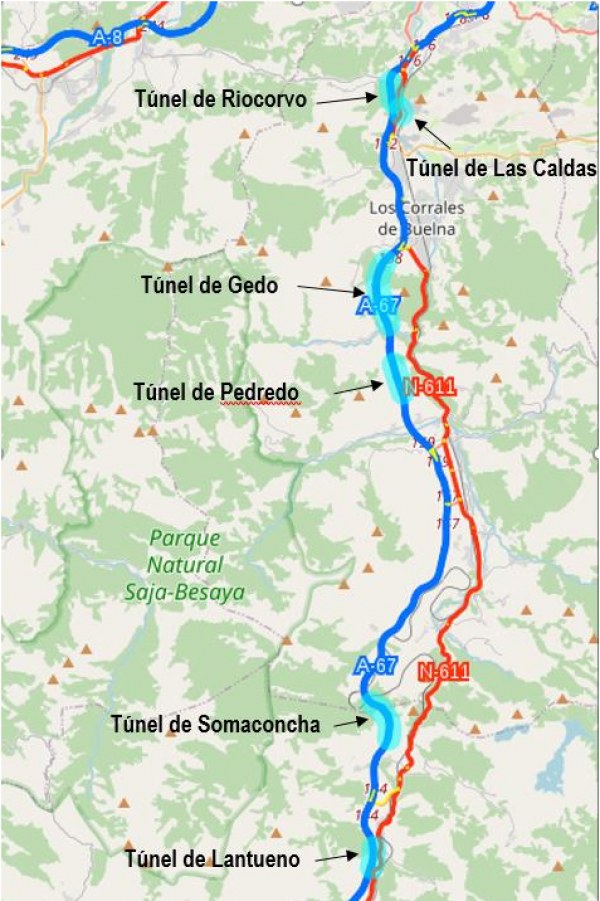 Tramo de la A-67 afectado.