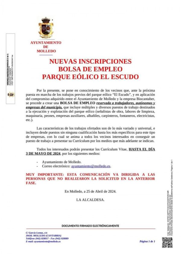 Inscripciones en Molledo para la bolsa de empleo del  parque eólico El Escudo