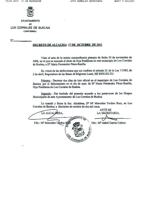Dos días de luto oficial por el fallecimiento de &#039;Maruchi&#039;